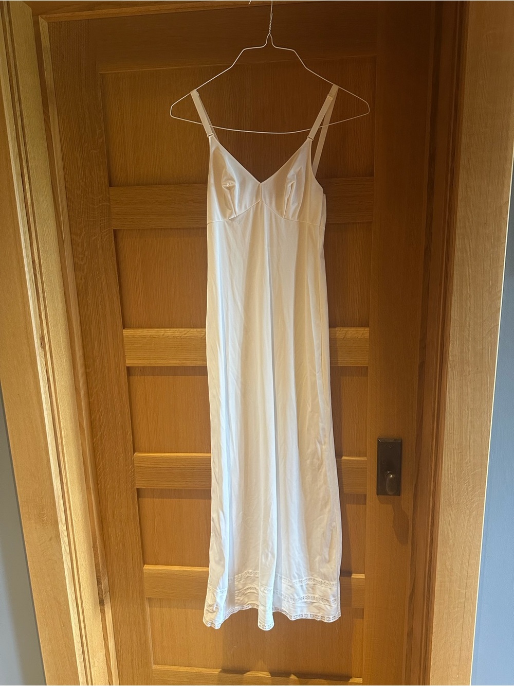 Classic White Satin Slip Dress with Lace Trim